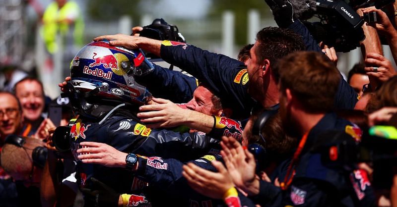Verstappen celebrates his debut race with Red Bull at Circuit de Catalunya, Spain