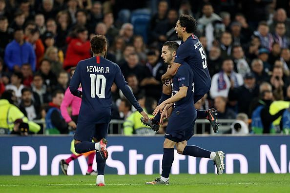 Pablo Sarabia with a muted celebration against his former side as PSG equalised late against Real Madrid