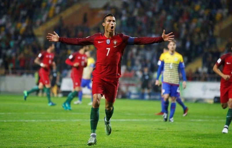 Ronaldo rejoices after scoring one of his 4 goals against Andorra.