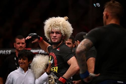 Khabib celebrates his victory at UFC 242