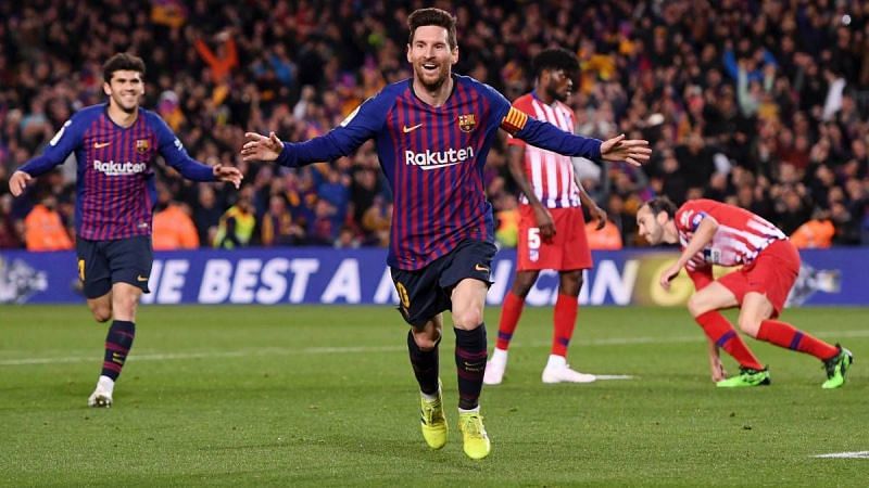 Messi rejoices after scoring against Atletico Madrid
