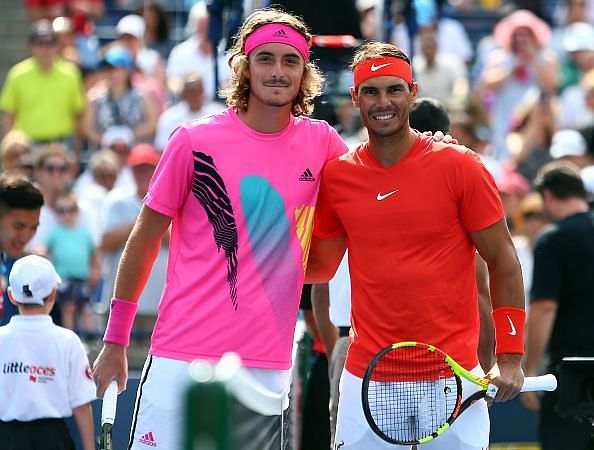 Stefanos Tsitsipas(L) and Rafael Nadal before Rogers Cup 2018 final