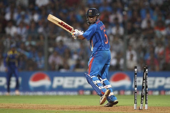 Gautam Gambhir gets bowled for 97 in the 2011 World Cup final