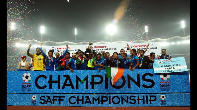 India lifting the SAFF Cup in New Delhi