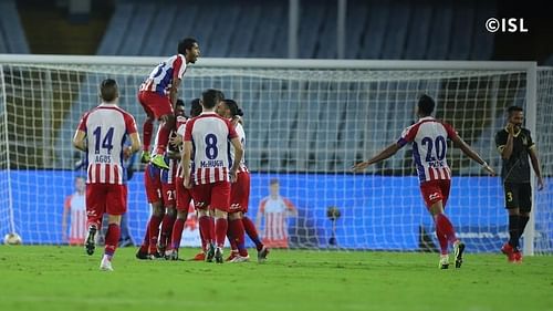 ATK celebrating a goal against Hyderabad FC (Photo: ISL)