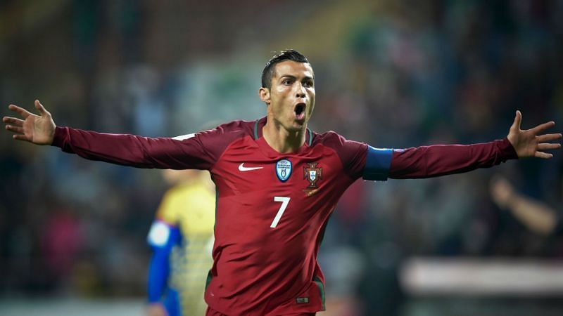 Ronaldo celebrates after scoring against Andorra.