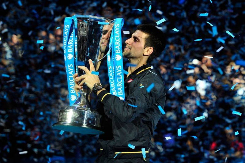 Djokovic celebrates his 2nd title at the ATP Finals in 2012, following a win over Federer in the final