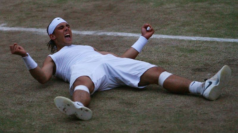 Nadal celebrates after beating his great rival