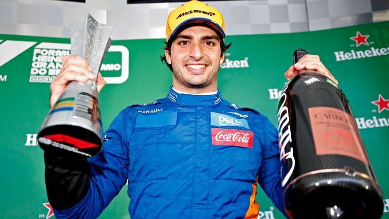 Carlos Sainz celebrated his maiden F1 podium a bit belatedly.