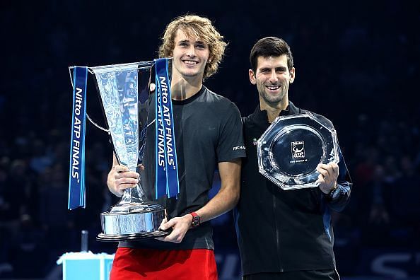 Alexander Zverev (L) and Novak Djokovic at the 2018 ATP Finals