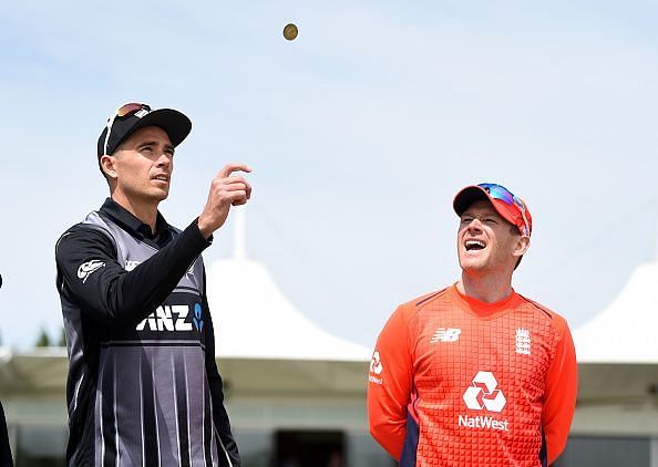 Tim Southee and Eoin Morgan during the coin toss