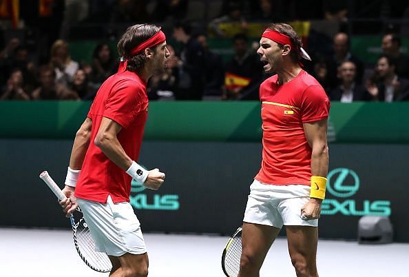 An ecstatic Felicano Lopez (left) with Rafael Nadal after guiding Spain into the Davis Cup finals