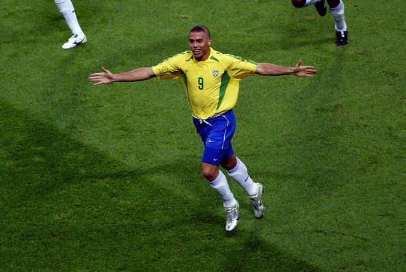 Ronaldo of Brazil celebrates scoring the winning goal