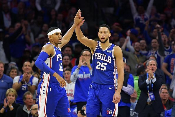 Ben Simmons (r) will need to step up for the 76ers