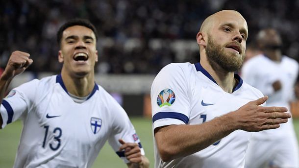 Teemu Pukki (right) rejoices after scoring a goal against Liechtenstein