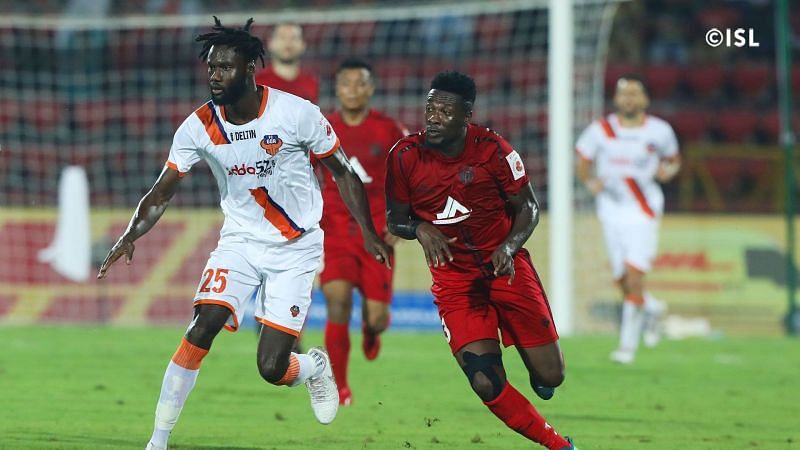 Gyan got himself a goal but couldn&#039;t help NorthEast United FC secure all three points (Image courtesy: ISL)