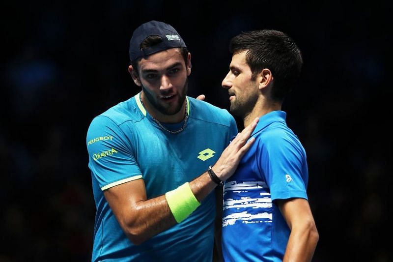 Matteo Berrettini and Novak Djokovic after the first match in the ATP Finals this year.
