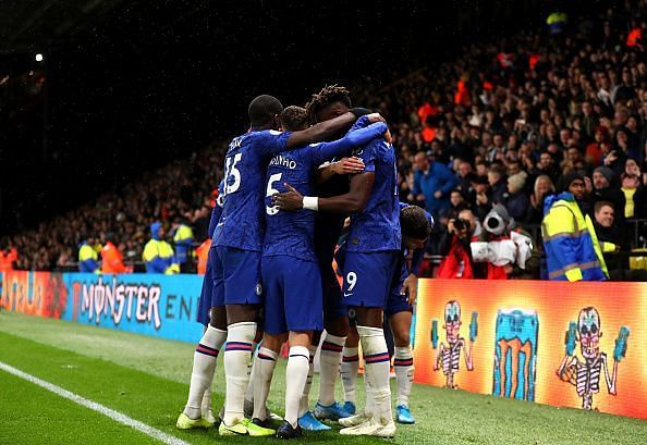 Chelsea celebrate their second of the evening, which just about proved to be enough to beat Watford