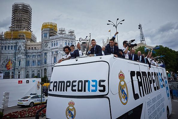 Real Madrid celebrate after victory the Champions League final against Liverpool in 2018