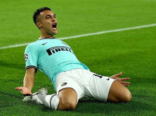 Lautaro MartinezÂ celebrates after scoring against Borussia Dortmund in the Champions League.