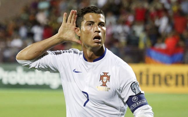 Ronaldo takes in the applause after scoring in Yerevan