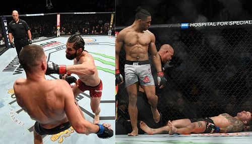 Left: Jorge Masvidal vs Nate Diaz; Right: Kevin Lee walks away after knocking out Gregor Gillespie.