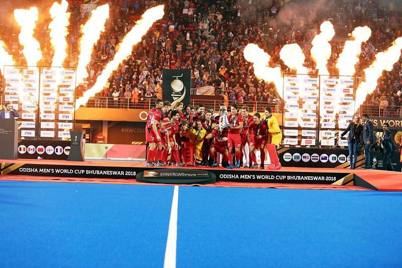 Belgium Men&#039;s Hockey Team pose with the World Cup trophy after defeating The Netherlands in the Final match of the 2018 Men&#039;s Hockey World Cup in Bhubaneswar, India.