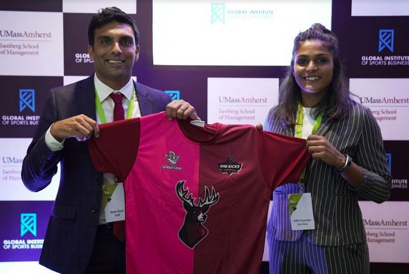 GISB Program Director - Neel Shah with Indian National Player and Founder of She Kicks FA - Aditi Chauhan during the partnership announcement