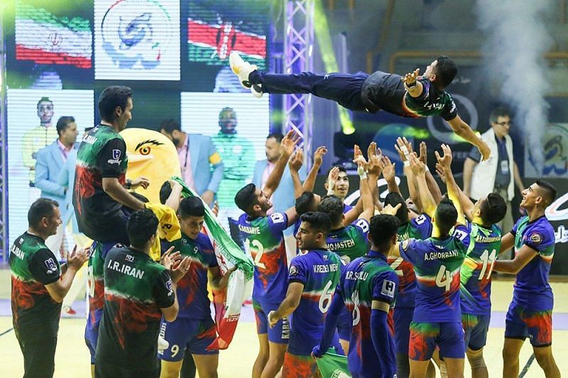Iran celebrating the win after defeating Kenya in the Final