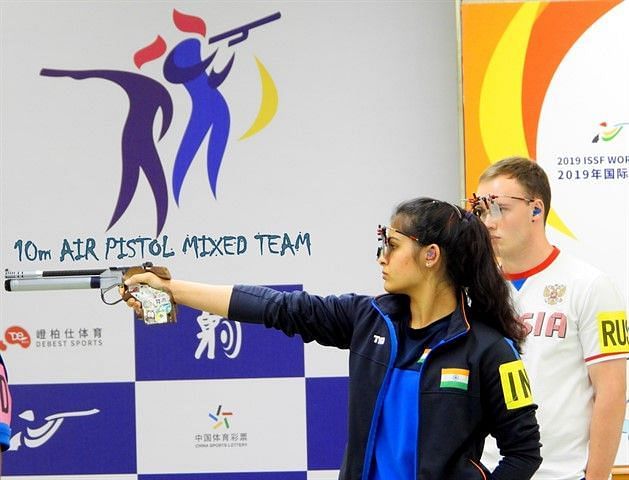 Manu Bhaker is captured in action (PC: ISSF Official)