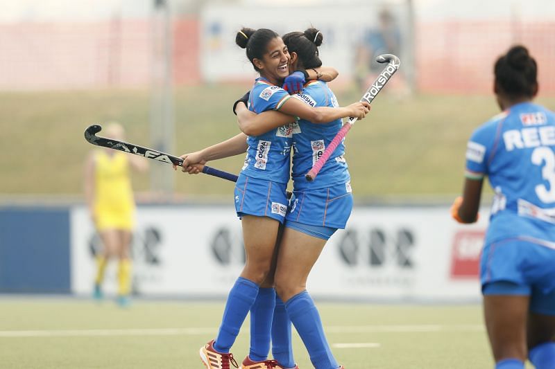 Gagandeep Kaur (right) celebrates her goal