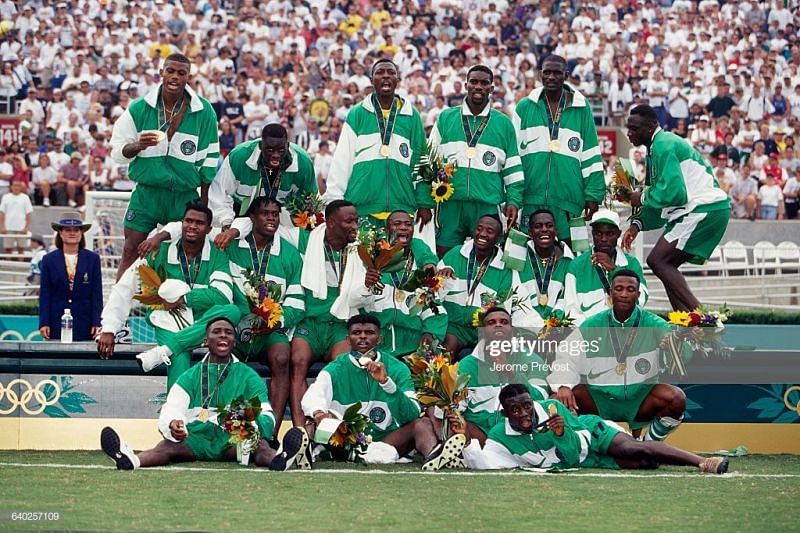Nigerian players celebrating their victory against Argentina