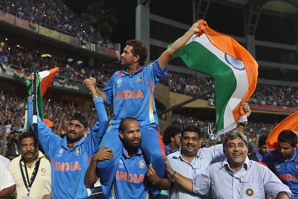 Sachin Tendulkar being carried by his teammates after the 2011 World Cup Final
