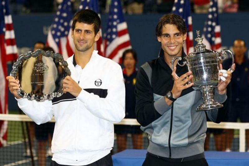 Novak Djokovic (left) and Nadal pose after the 2010 US Open final