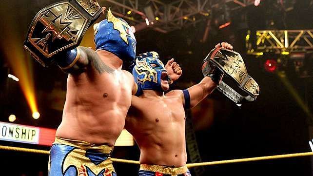 Sin Cara and Kalisto after winning the NXT Tag Team Championship