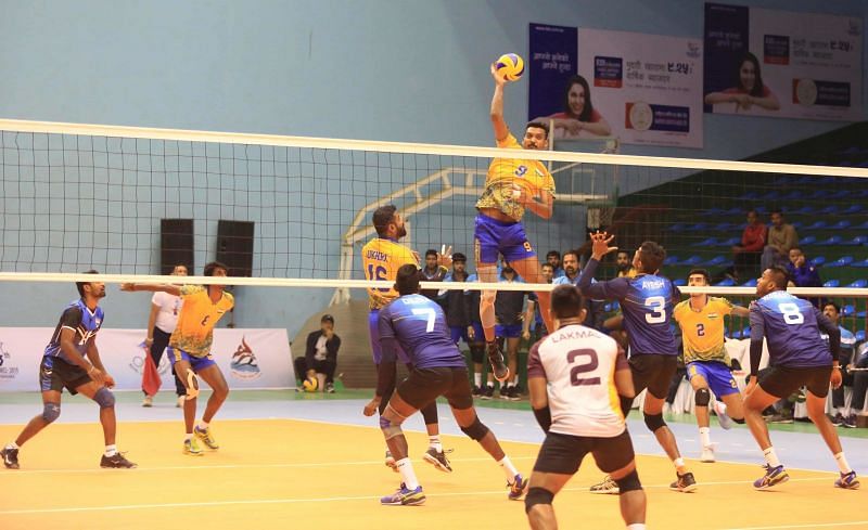 India&#039;s Dipesh Sinha with a spike attempt against Sri Lanka.