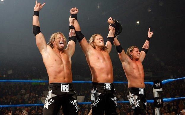Zack Ryder(left) and Curt Hawkins(right) with Edge (center) during their time as The Edgeheads