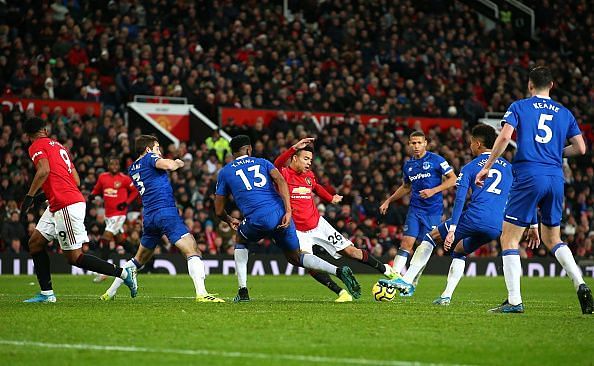 Manchester United&#039;s Mason Greenwood against a barrier of Everton players