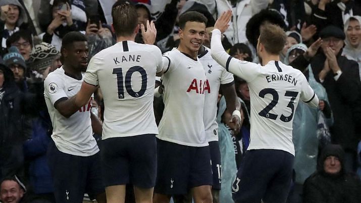 Tottenham players celebrate during their comeback win over Brighton on Thursday