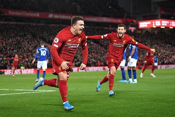 Shaqiri celebrates his goal against Everton