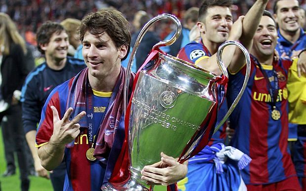 Barcelona celebrate their 2014-15 Champions League title