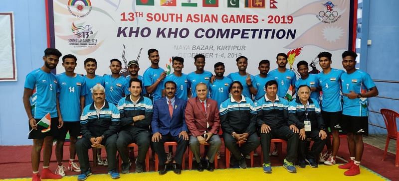 Indian Men&#039;s Kho Kho team pose after the win