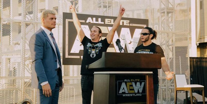 Cody and The Young Bucks at the first AEW Press Conference