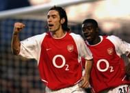 Robert Pires of Arsenal celebrates scoring Arsenal's winning goal