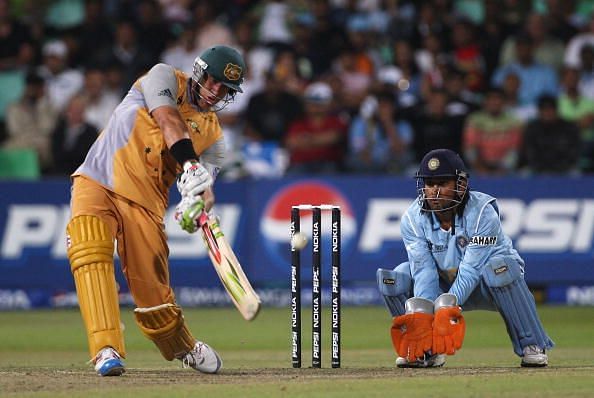 Matthew Hayden clubbing a delivery into the stands 