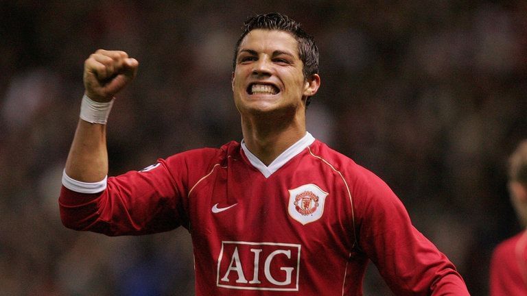 Cristiano Ronaldo exults after scoring his first Champions League goal, against AS Roma