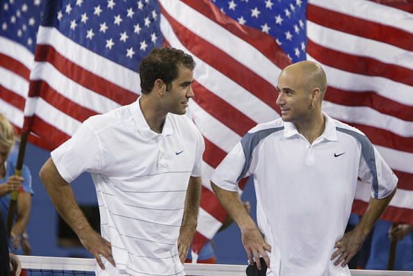 Pete Sampras (L) and Andre Agassi