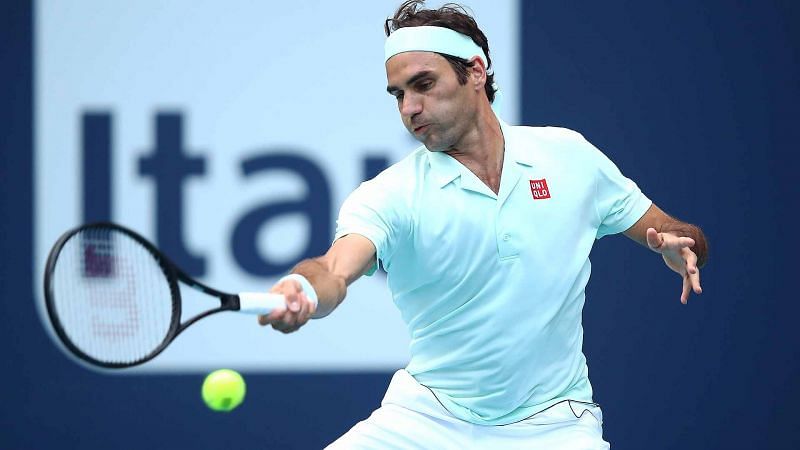 Federer in action during his win over Kevin Anderson at 2019 Miami