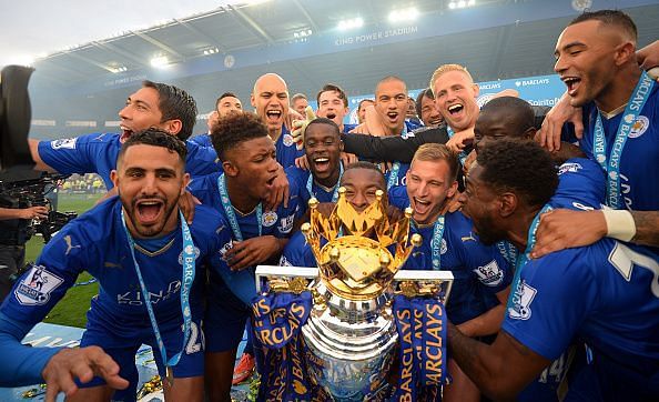 Leicester City players with the Premier League Trophy