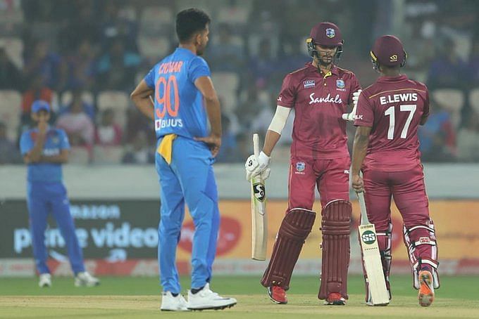 Brandon King and Evin Lewis during the T20I series against India